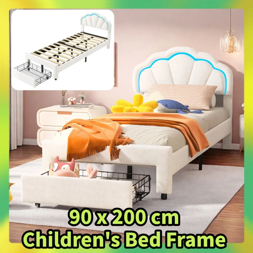 Comanlai-Cama infantil com forma de flor cabeceira, cama de solteiro estofada com luzes LED e gavetas, tecido de veludo, 90x200cm