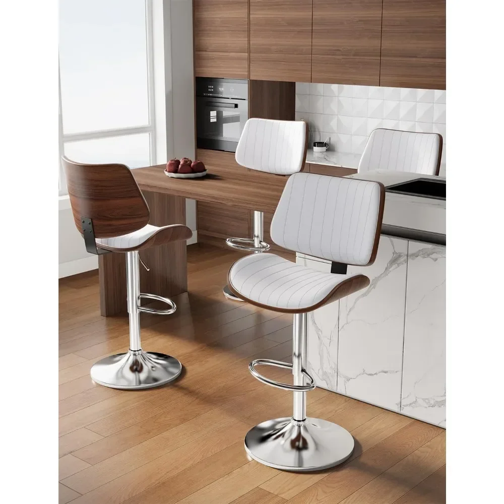 Swivel Bar Stools Set of 4, Adjustable Bentwood Barstools, Modern PU Leather Upholstered Bar Chair with Back and Footrest
