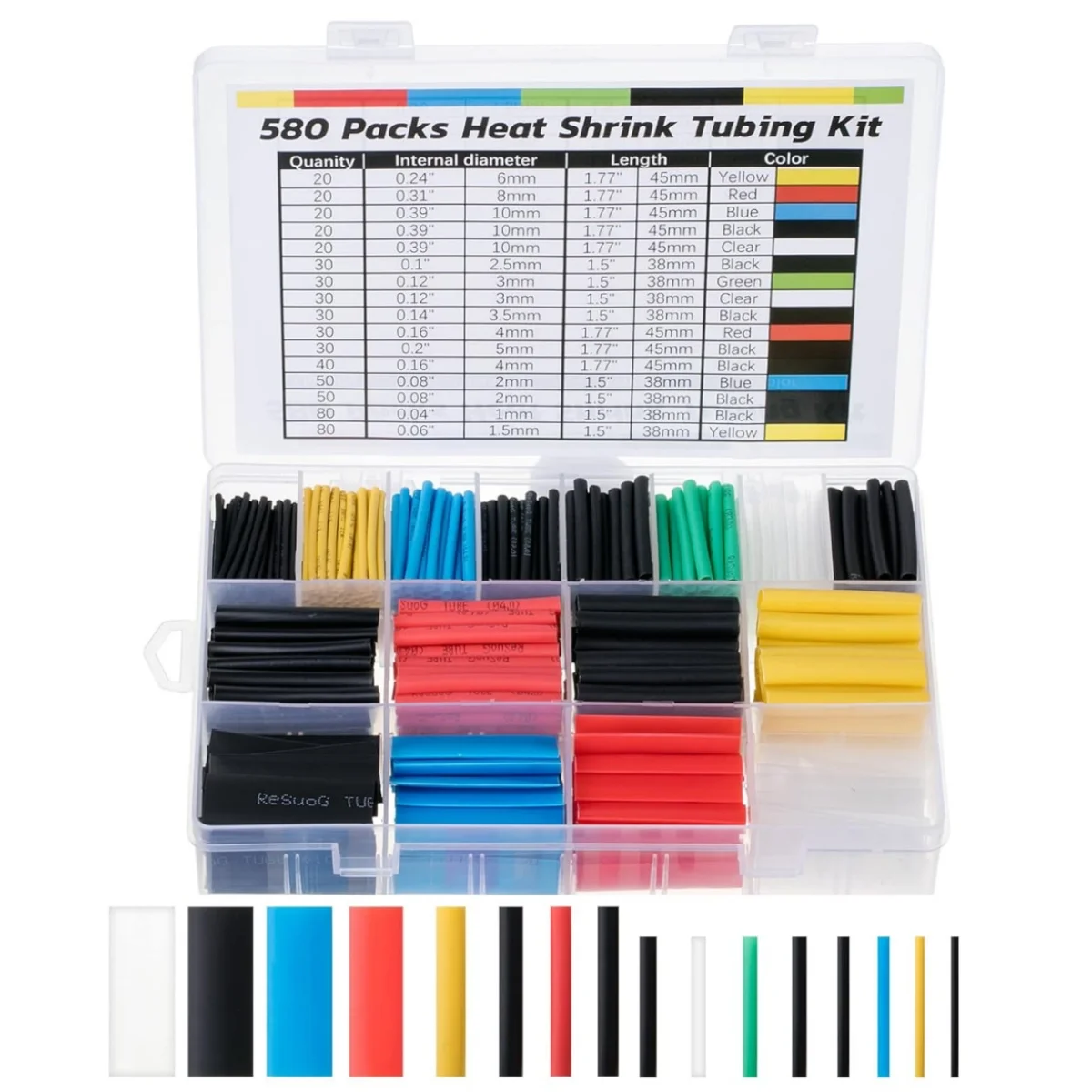 580 Uds 2:1 Kit de tubos termorretráctiles 6 colores 11 tamaños surtidos Kit de cables de envoltura de tubos para bricolaje