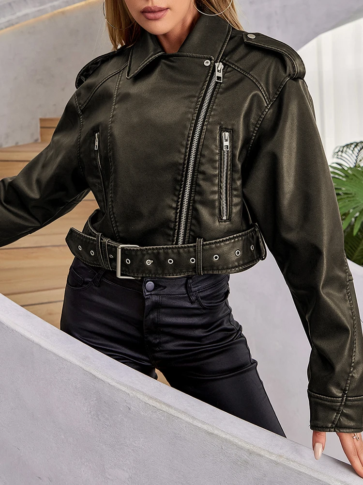 Ailegogo ヴィンテージ女性ルーズ長袖 Pu フェイクレザーショートジャケットベルトストリート女性レトロモトバイカーコート生き抜く