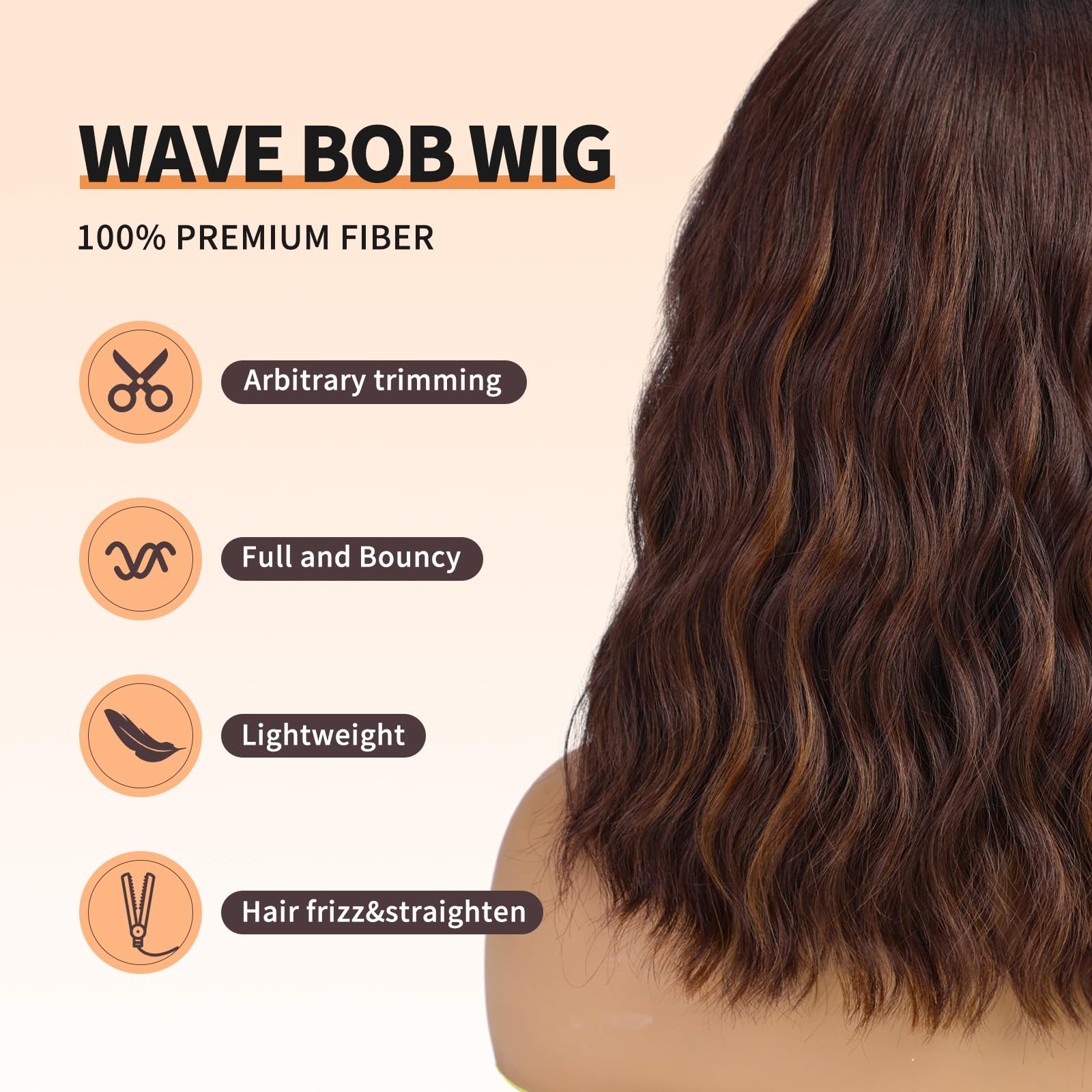 Peruca curta marrom com franja, cabelo ondulado natural para mulheres brancas, resistente ao calor, sintética, comprimento do ombro