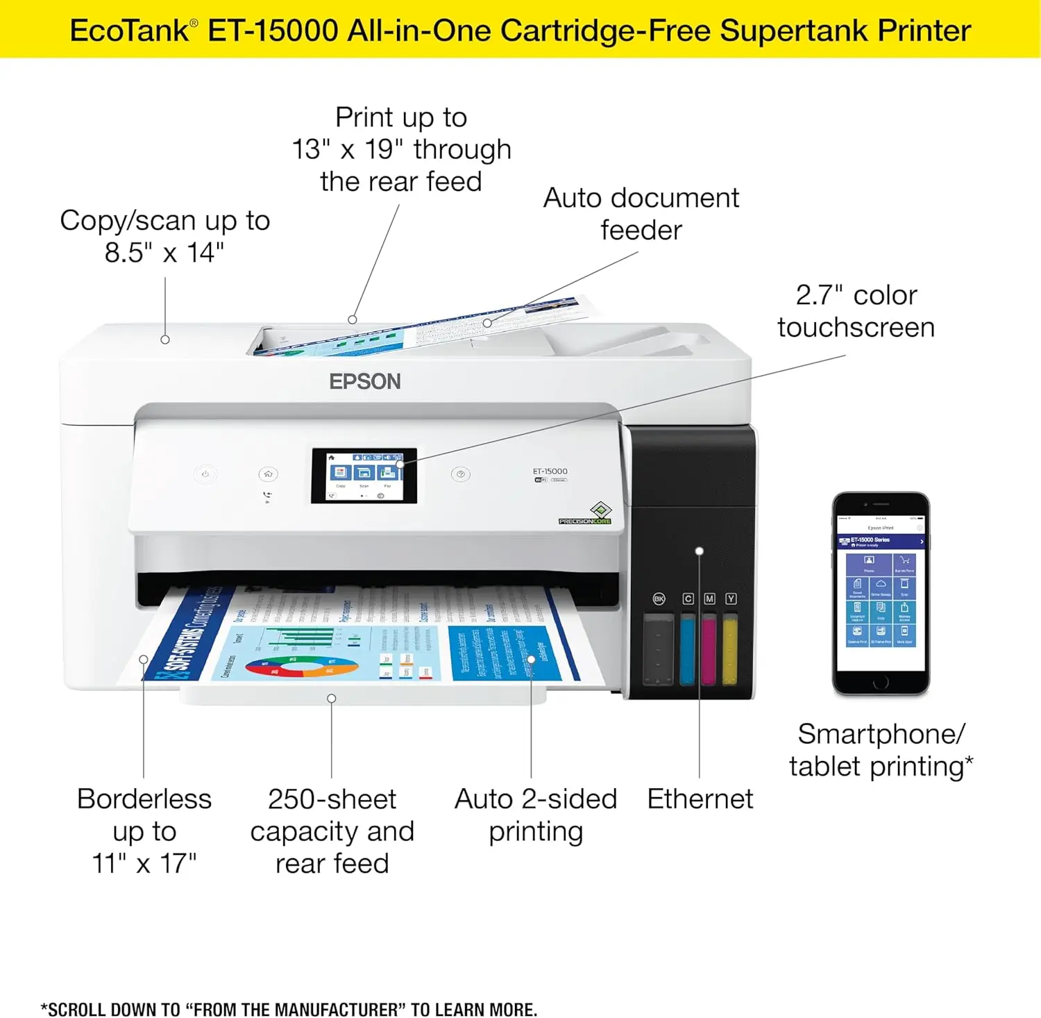 EcoTank ET-15000 Wireless Color All-in-One Supertank Printer with Scanner, Copier,Fax,Ethernet and Printing up to 13 x 19 Inches