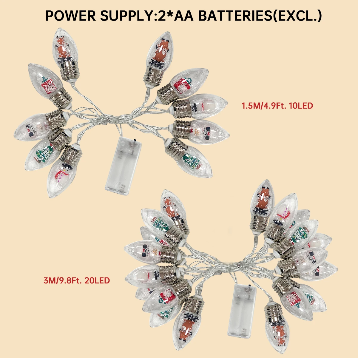 1pc10/20 LED Natale Palla di neve Lampadina trasparente Luci della stringa con Natale Babbo Natale Pupazzo di neve Albero Regali Mix Luce alimentata a batteria