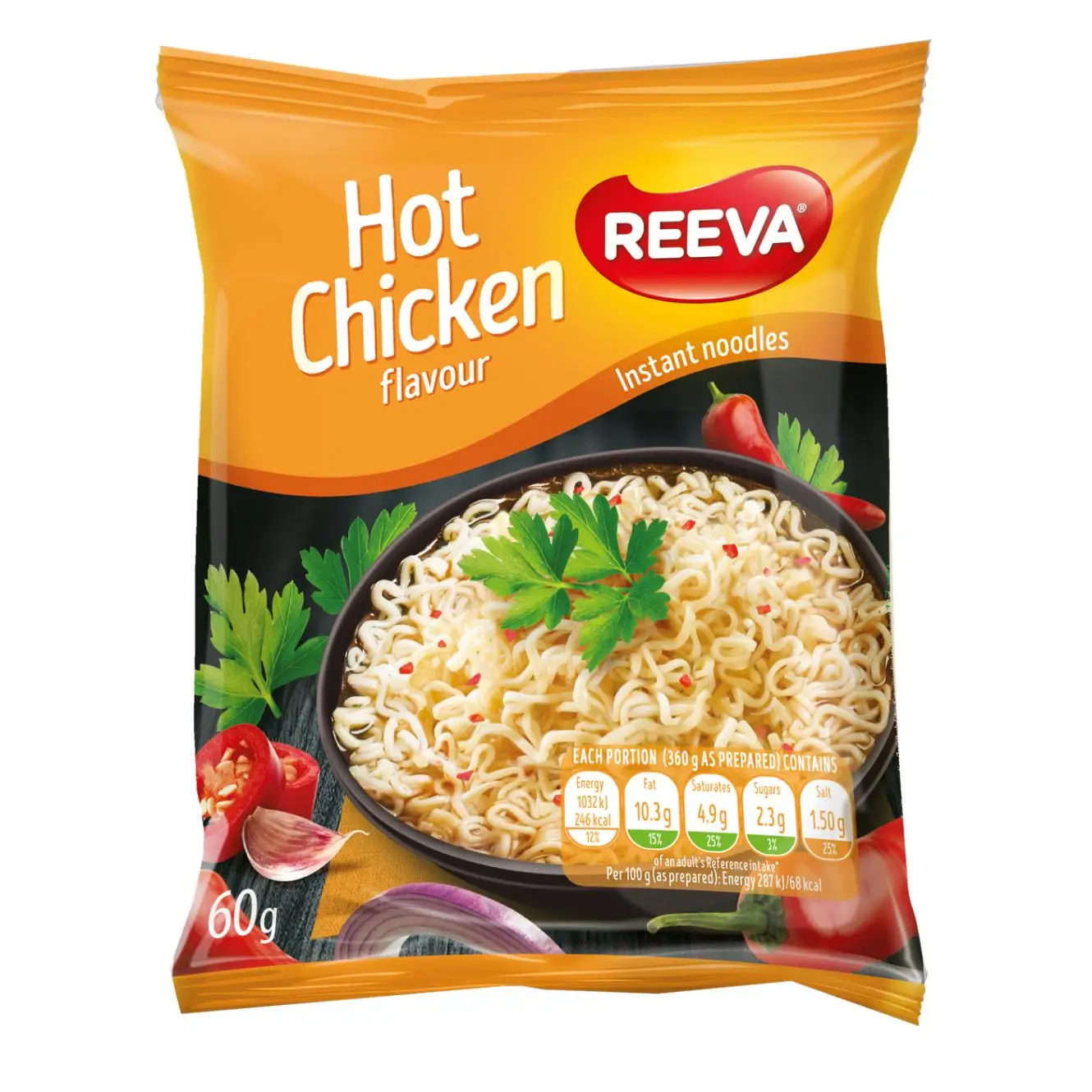 Reeva noodles - Fideos instantaneos 24 ud en sobre o 12ud en vaso - Pollo, carne, queso bacon, vegetales, pollo curry, pollo picante