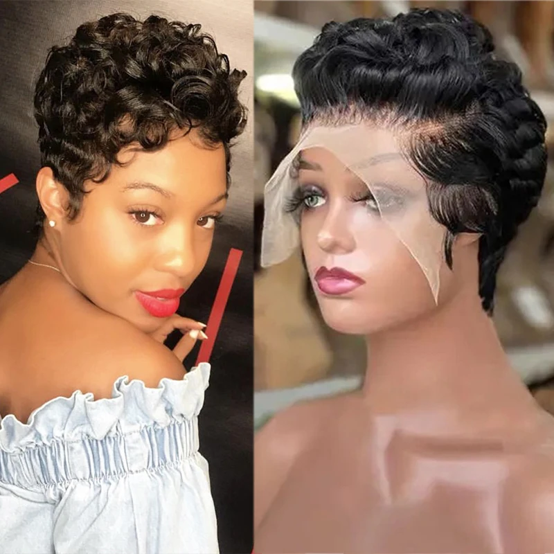 Pixie Curly 100% Peruca de Cabelo Humano 13x4 Peruca Curta Bob Corte Pixie # 350 perucas frontais coloridas do cabelo humano do laço 99J para mulheres negras