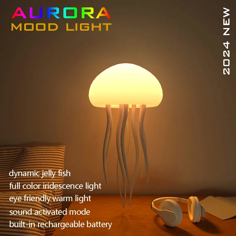 Bionic Jellyfish LED-Nachtlicht, wiederaufladbar über USB mit Sprachsteuerung, tanzende Tentakel, RGB-Farbverlauf, schwebende Lampe, Schlafzimmerdekoration