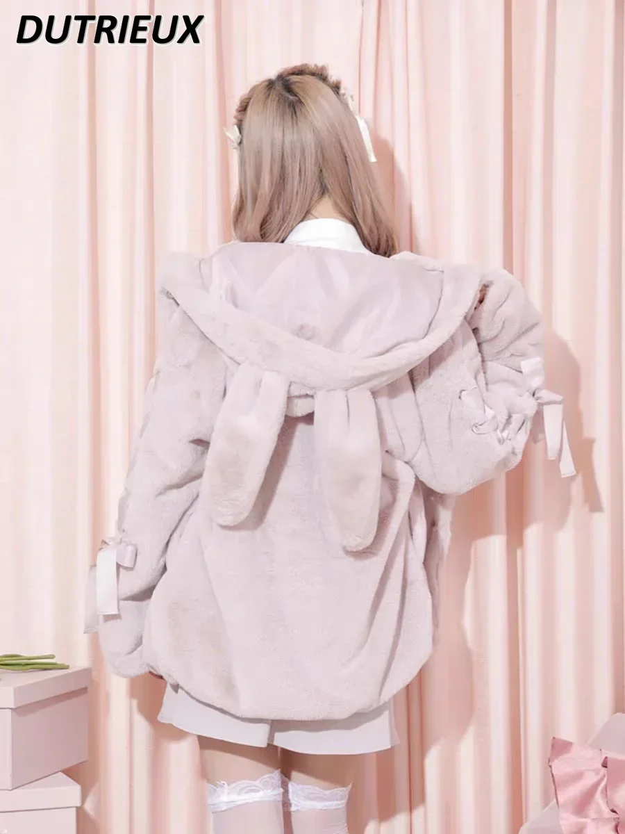 สไตล์ญี่ปุ่น 2023 ฤดูใบไม้ร่วงและฤดูหนาวหวานน่ารักผ้าฝ้ายหนาเสื้อผ้าMine Series Mass-Producedกระต่ายหูPlush Coat