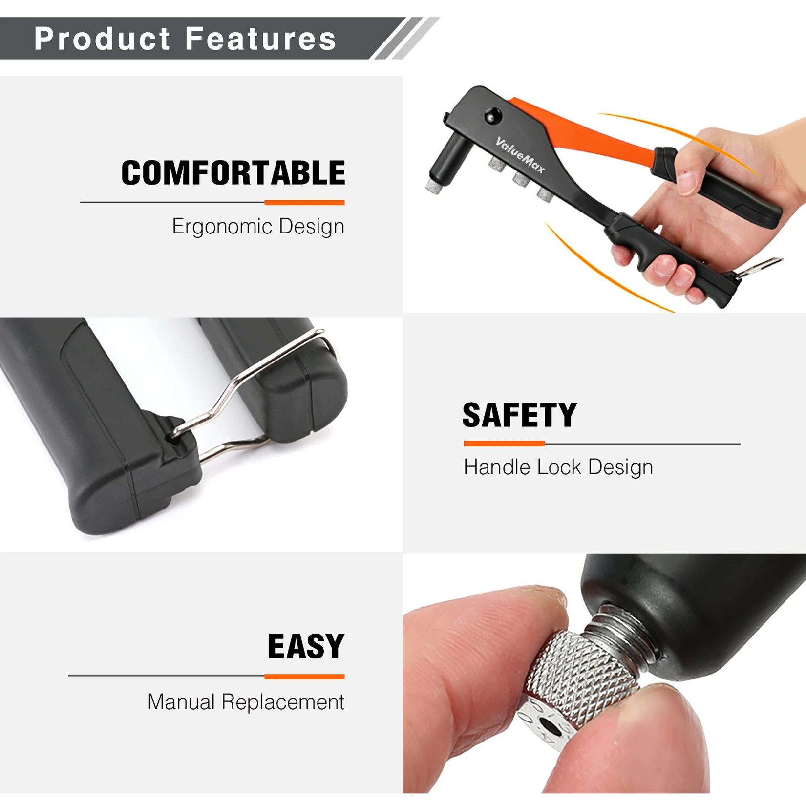 ValueMax Hand Riveter Set Professional Manual Rivet Gun Tool For Home Repair And DIY With 200 Rivets 2.4mm 3.2mm 4.0mm 4.8mm