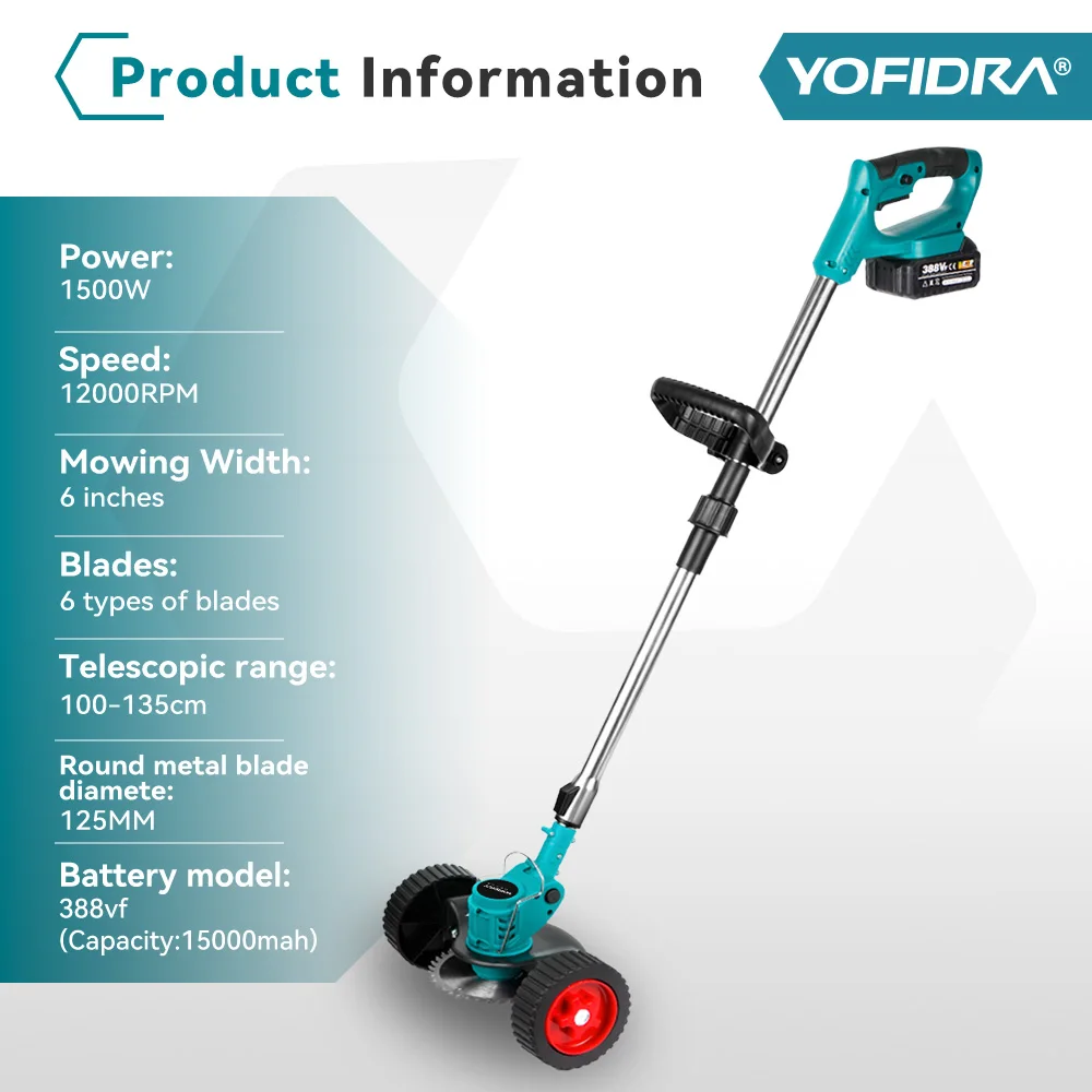 YOFIDRA電動芝刈り機コードレスガーデン草刈りトリマー100-135cm長さカッター電動工具マキタ18Vバッテリーピン用