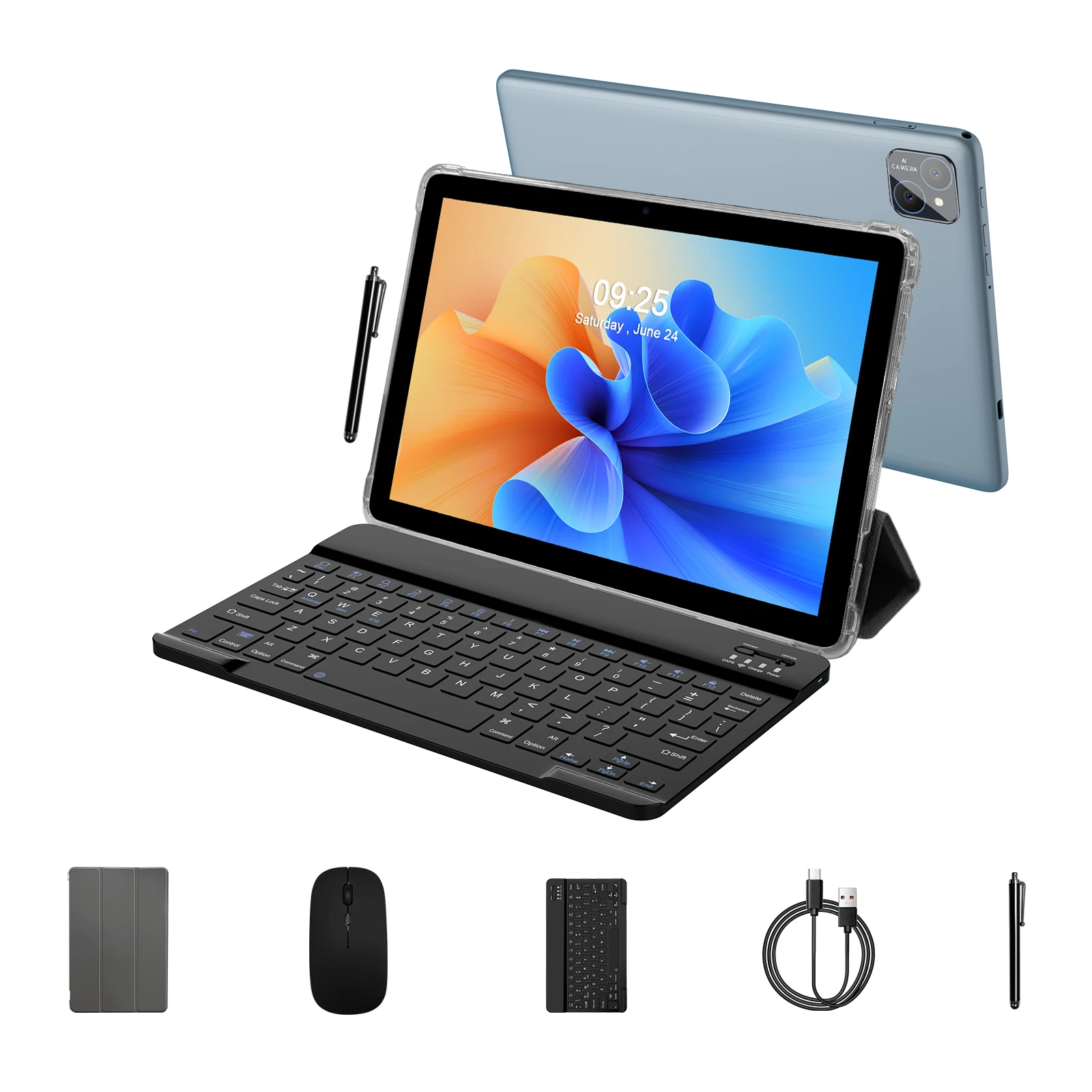 PRITOM Android 14 tablet 10,1 inch, 8 GB (4+4 uitbreiding) RAM + 128 GB ROM, Octa Core, 5G WiFi, met toetsenbord, muis, hoesje