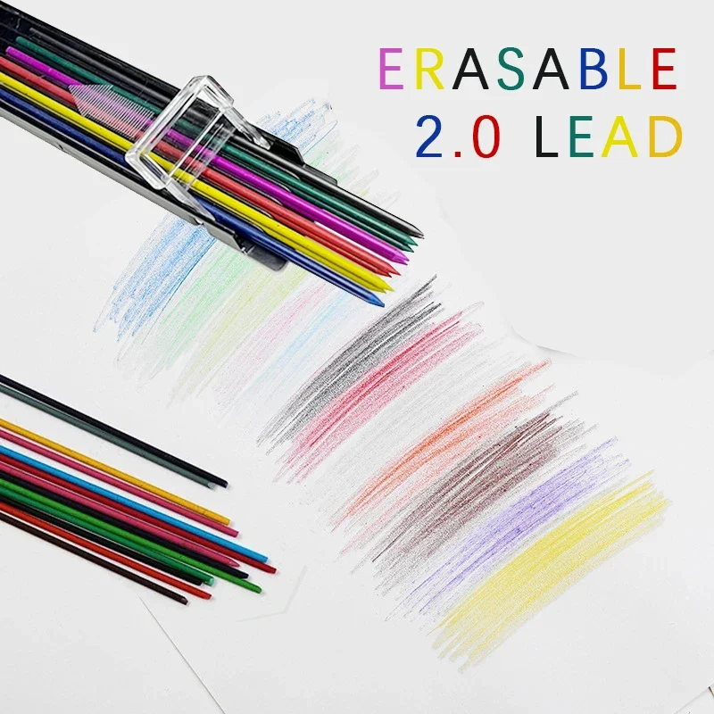 2.0 มม.สีเติมดินสอ 2B Erasable สีสัน Leads Art วาดภาพวาดเครื่องมือเครื่องเขียนนักเรียน 12 ราก/กล่อง