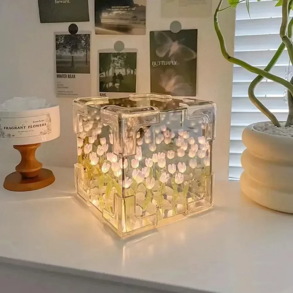 Creative DIY ดอกทิวลิปดอกไม้ Sea Cube สามมิติโคมไฟกลางคืนขนาดเล็กวัสดุสําหรับแฟนคู่แฟน