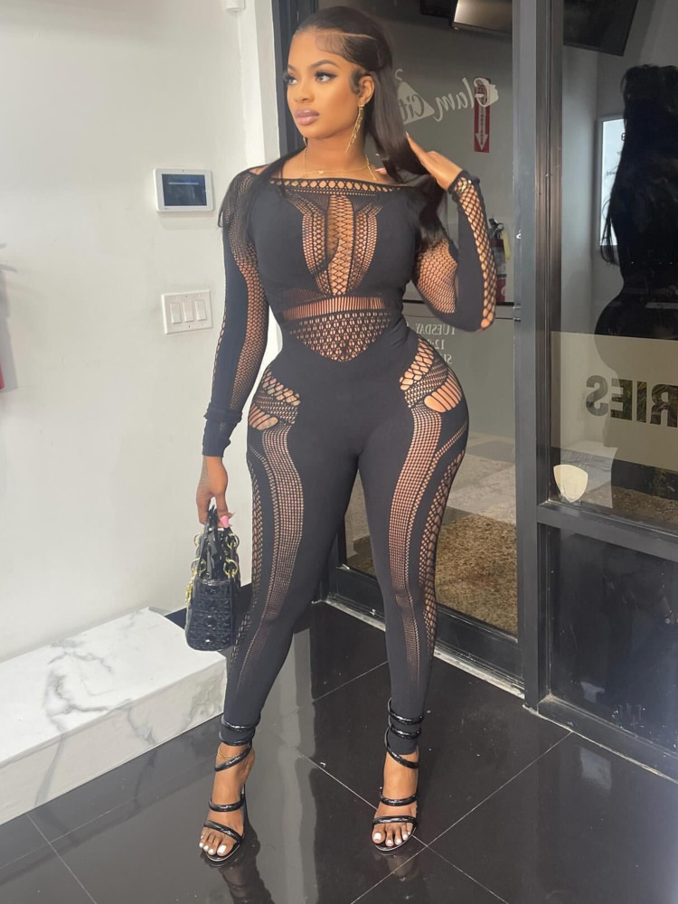 女性のためのセクシーなニットパジャマ,透かし彫り,タイト,引き戸付き,伸縮性,スリム,ペンシルパンツ,パーティーナイト,ディスコ,1個