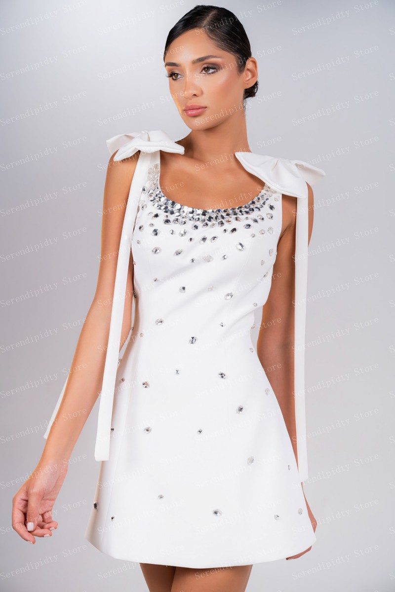 Witte kristallen verfraaide mouwloze strik schouder elegante avondjurk voor vrouwen formele kleding bruiloft gast feest sprankelende mode