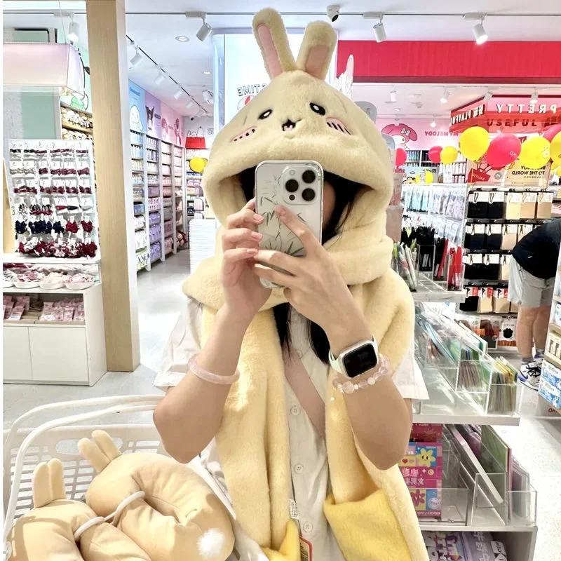 Set di tre pezzi di cappello gii carino all-in-one a prova di freddo e calore di Miniso, sciarpa di peluche invernale Chiikawa