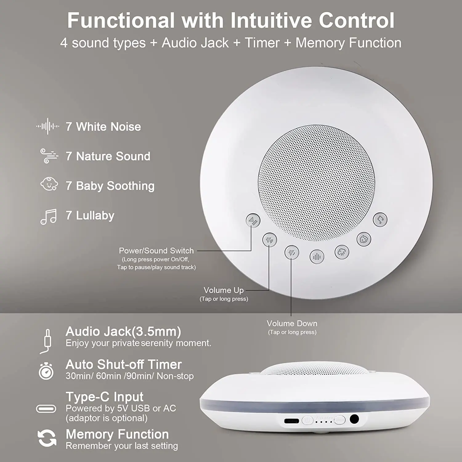 Machine sonore à bruit blanc pour bébé, 28 sons apaisants intégrés, 4 fonctions de minuterie et de mémoire, dispositif d'aide au sommeil Portable Rechargeable par USB