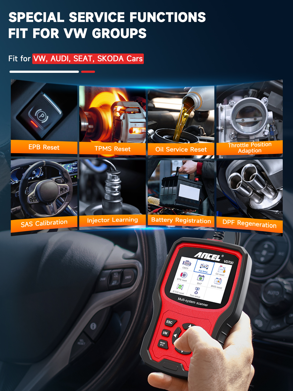 Ancel VD700 OBD2-Scanner, Auto-Codeleser, komplettes System-Diagnose-Scan-Tools, EPB, ABS, DPF, TPMS, Öl-Reset für VW, Audi, Skoda, Seat