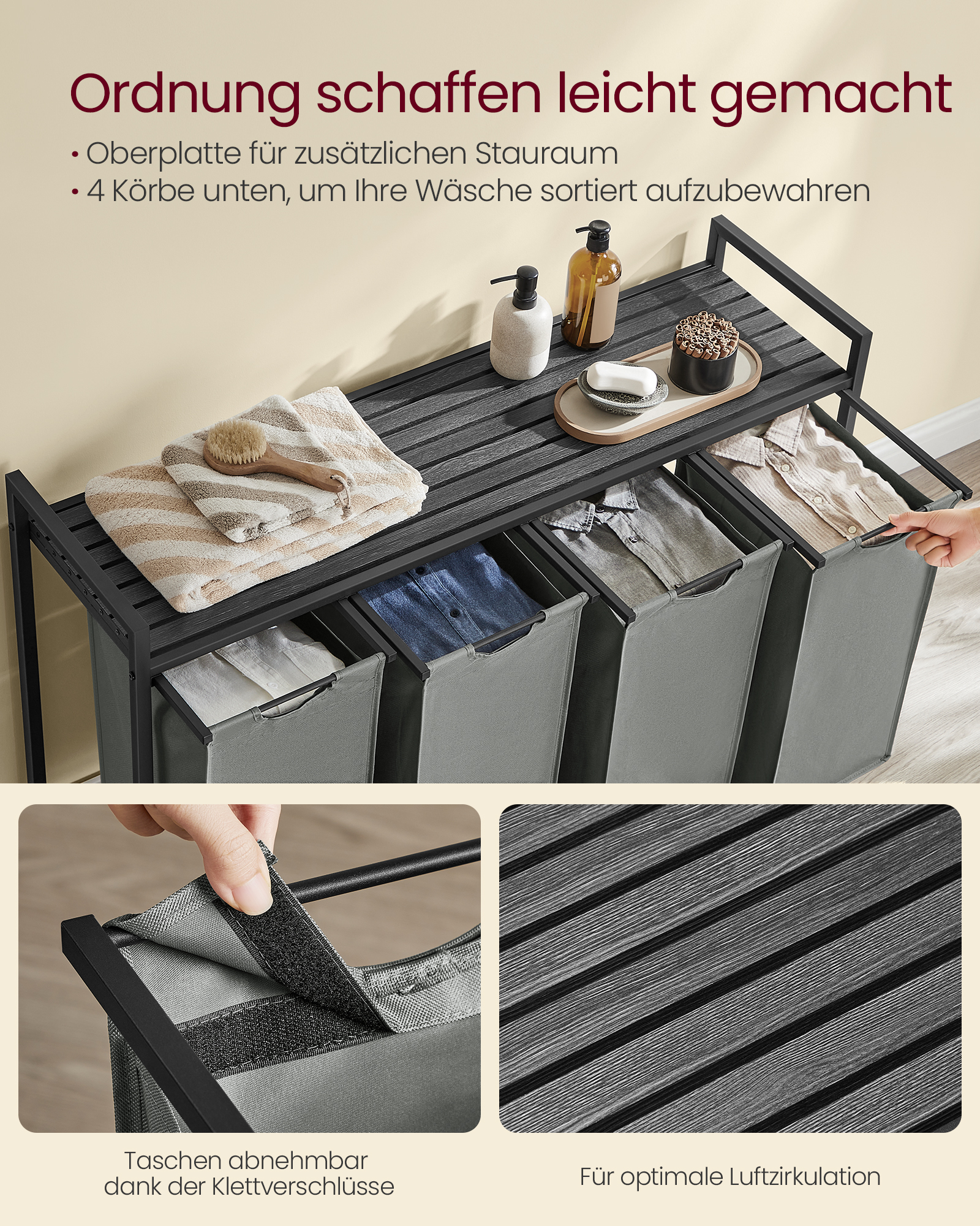 VASAGLE Wäschekorb, 4 Fächer, mit Ablage, ausziehbar abnehmbar, 4 x 40 L