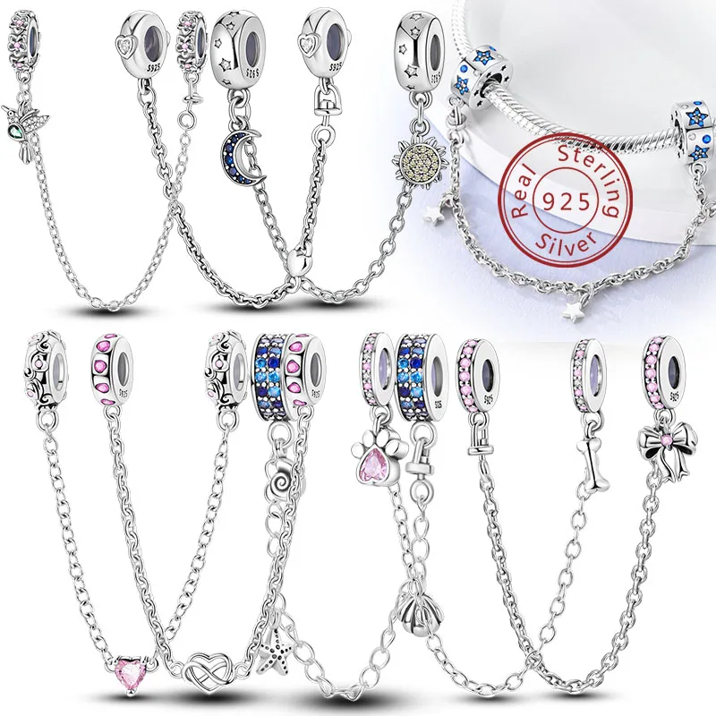 Encantos de corrente de segurança caber original 925 prata esterlina encantos contas lua estrela borboleta coração corrente de segurança para mulheres jóias presente