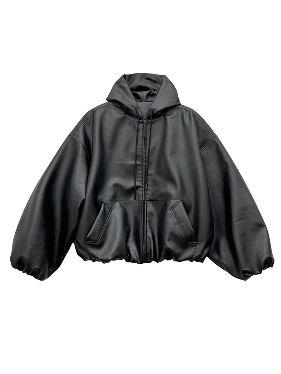 Mauroicardi printemps automne court surdimensionné noir doux veste en cuir Pu hommes avec capuche fermeture éclair ample décontracté mode coréenne vêtements