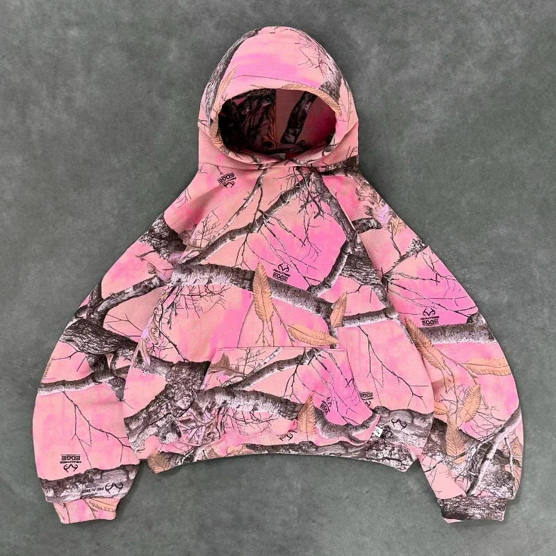 Sudadera con capucha Retro Y2K con cremallera, sudadera con estampado de camuflaje de rama rosa, ropa de calle Harajuku, abrigo informal de camuflaje Unisex
