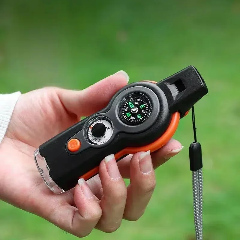 7-in-1 Outdoor Survival Whistle Notfallwerkzeuge Camping Wandern Rettung Notfall Lauter Pfeife Kompass Thermometer Lupe
