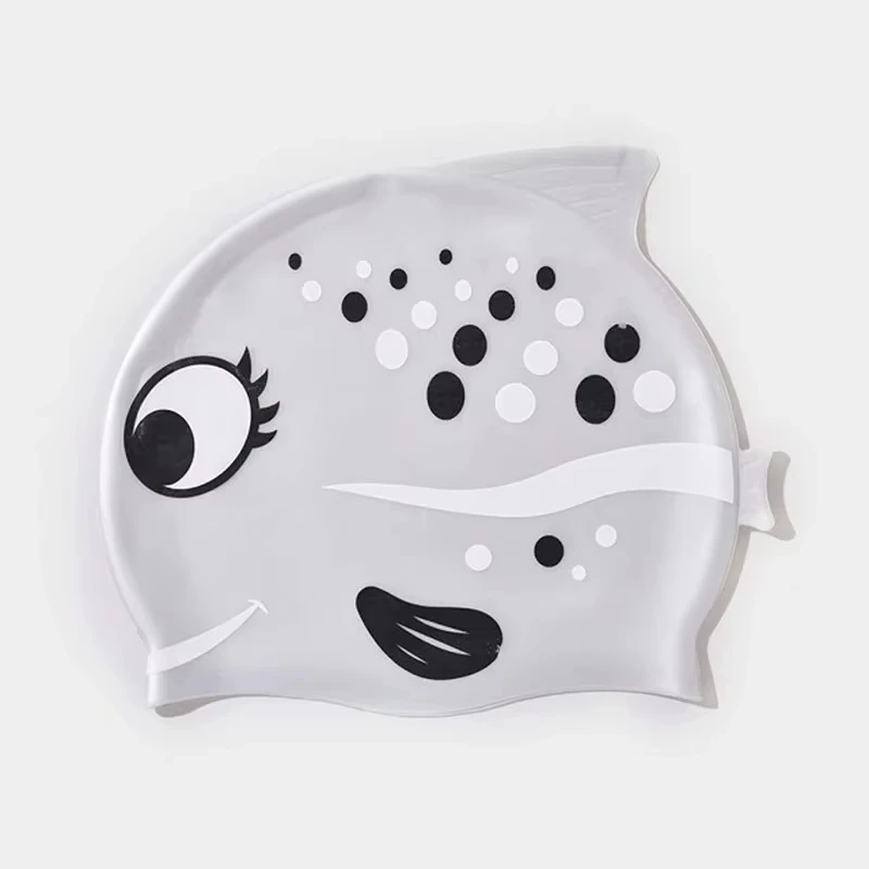 Gorro de natación de silicona resistente al agua con dibujos de peces para niños y niñas, gorro de natación cómodo y suave sin cabeza cortada