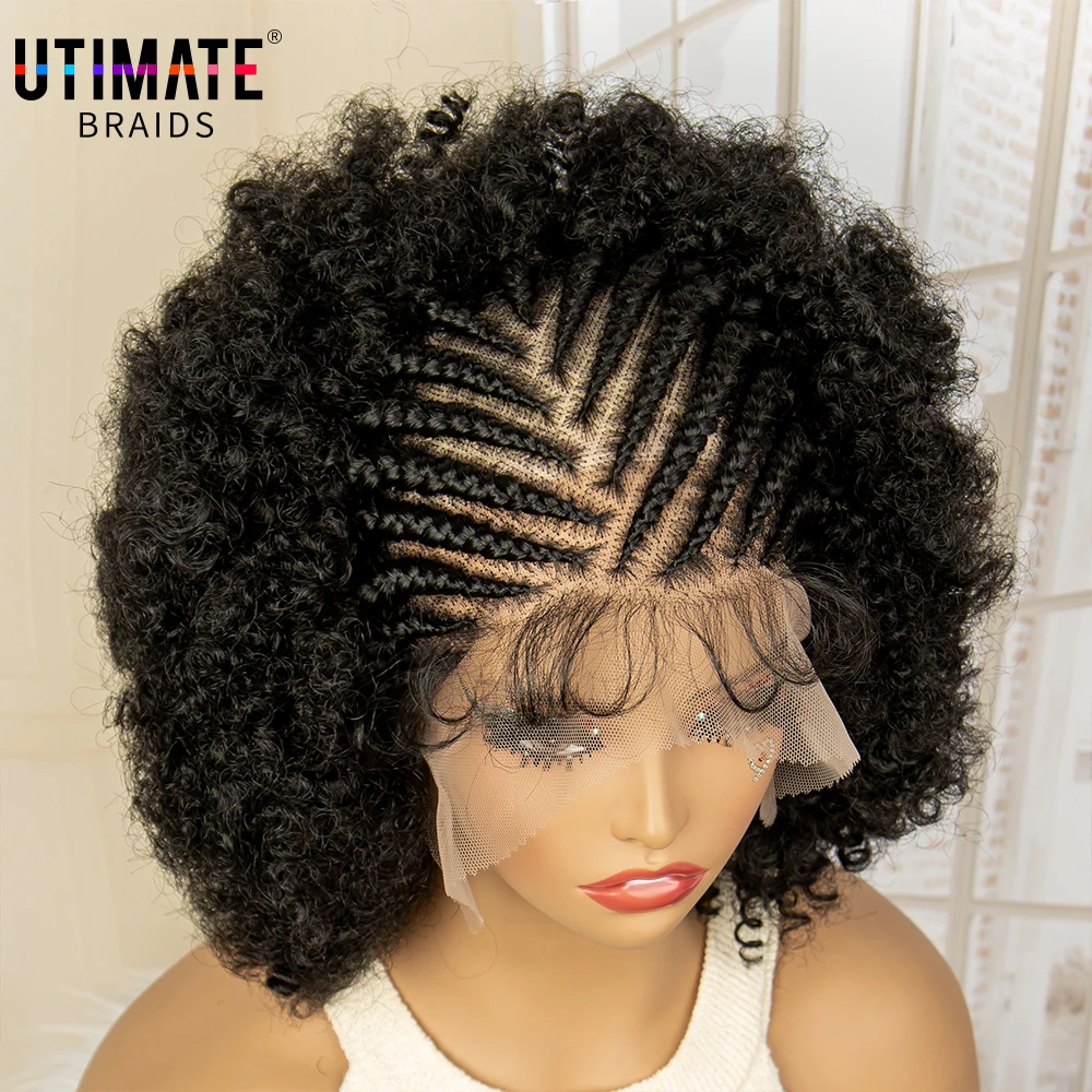 Peluca trenzada Afro de encaje completo para mujer, peluca africana, trenzas Cornrow, peluca de encaje con pelo de bebé, pelucas trenzadas rizadas cortas de 8 pulgadas