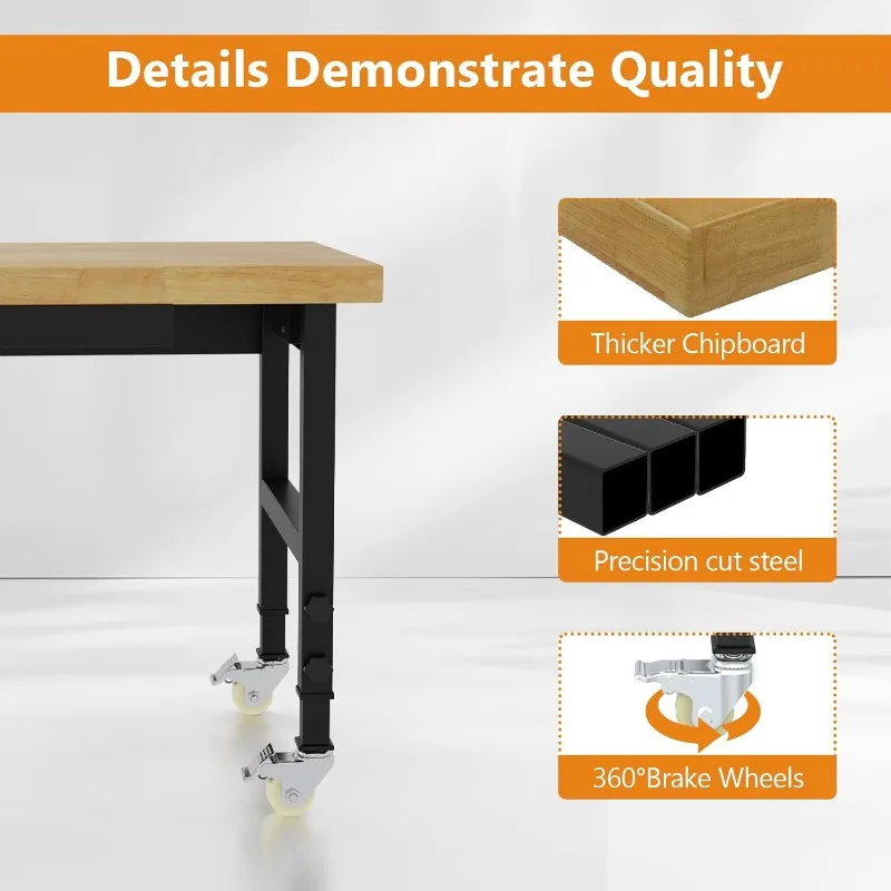 48" Work Bench with Drawers, Adjustable Height Workbench with Wheels, Heavy-Duty Work Table with Power Outlets, 2000 LBS Capacit