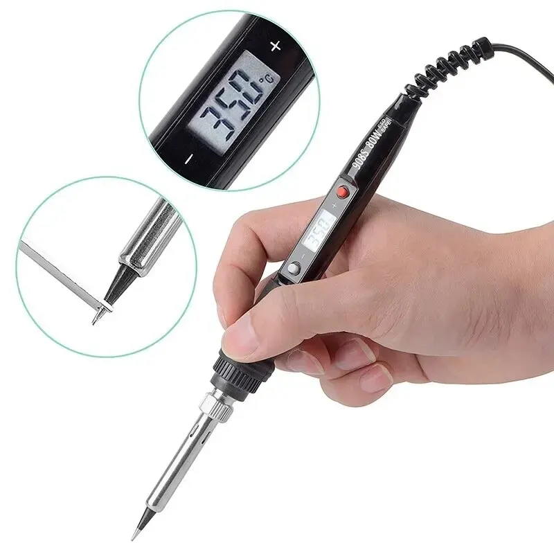 Conjunto de ferro de solda elétrico pro 80w-controle de temperatura digital + cabeças substituíveis fluxo de solda e acessórios completos para trabalhos de reparo