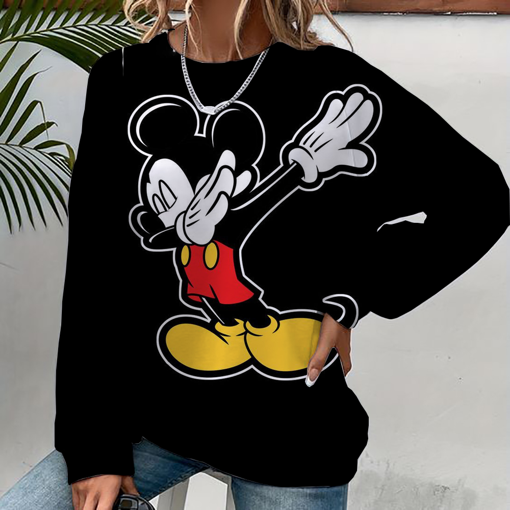 Ropa deportiva informal urbana para mujer con capucha con estampado de dibujos animados de Mickey Mouse, suéter suelto y suave, sudadera de lana con cuello redondo