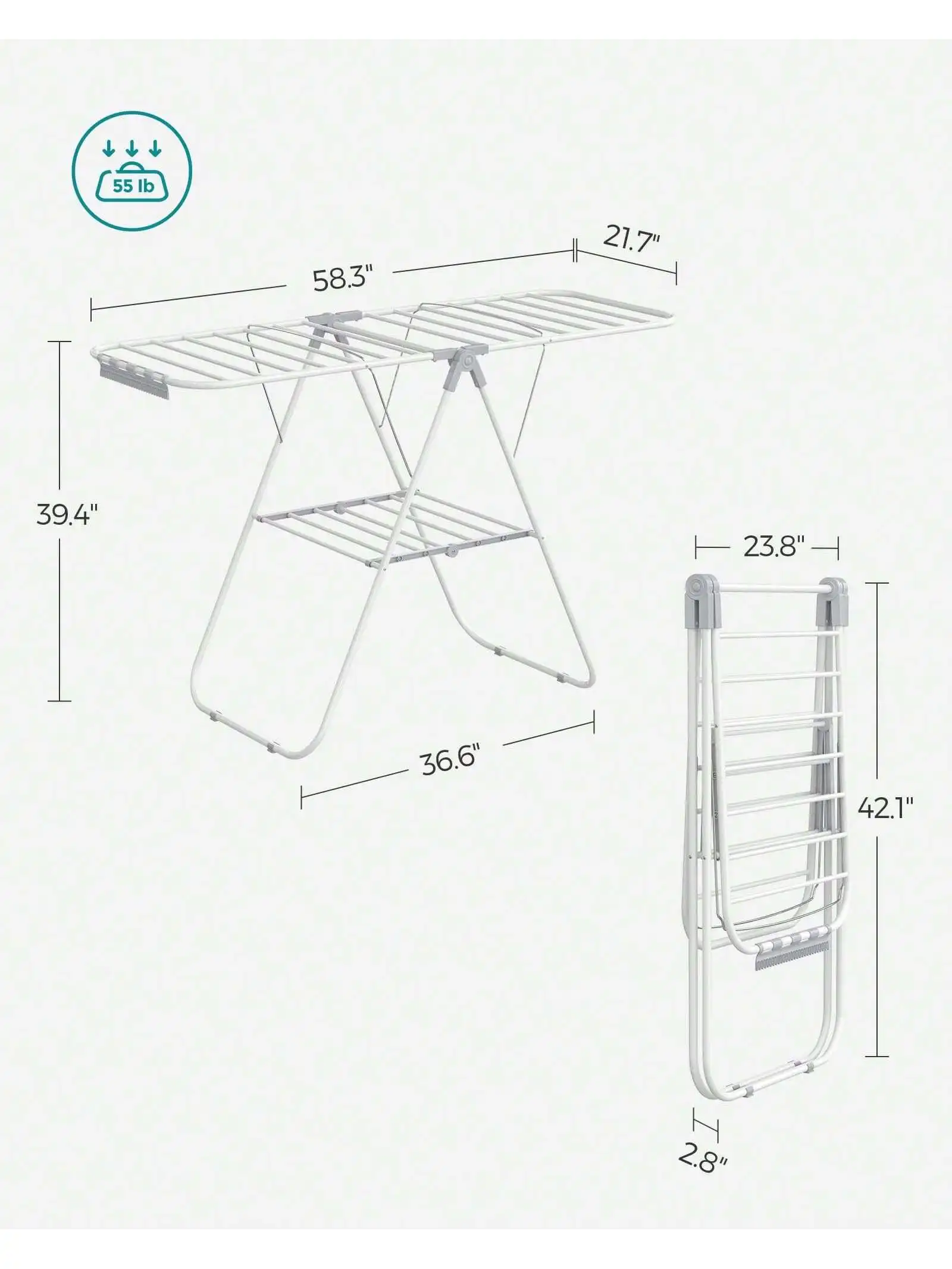 SONGMICS Clothes Drying Rack, With Sock Clips, Metal Laundry Rack, Foldable, Space-Saving, Free-Standing Airer, With Height-A