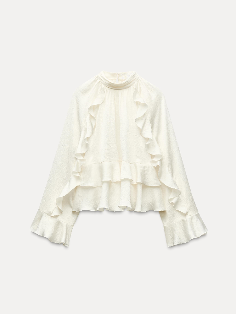 ファッション気質女性フリルエッジブラウスシックなスタンドアップカラー長袖シャツトップ 2025 春の新作女性ショートトップス