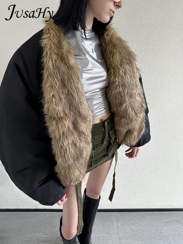 Jusahy แจ็คเก็ตลำลองขนยาวสำหรับผู้หญิง, ใหม่เสื้อแจ็คเก็ตบุนวมปกเสื้อแบบคลาสสิกตรงสุดชิค