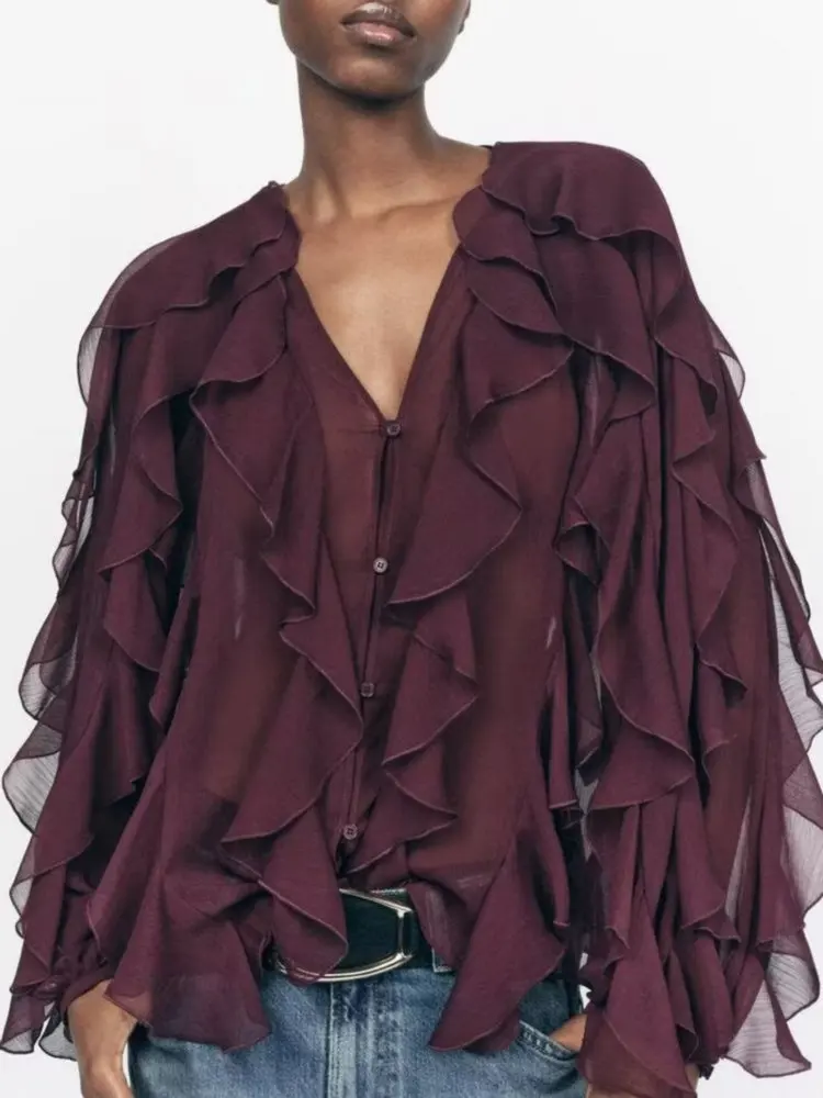 2025 verano Chic mujer elegante suelta manga larga camisas en capas Oficina señora Vintage cuello pico translúcido volantes escalonados blusas