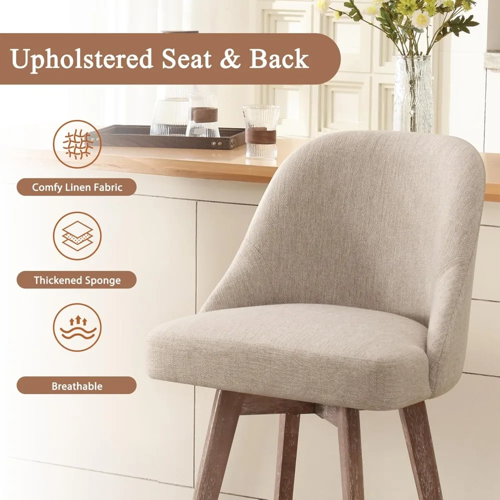 Counter Height Swivel Bar Stools Set of 3, Upholstered Fabric Barstools with Back and Thick Seat, Solid Wood Legs, 26" Modern