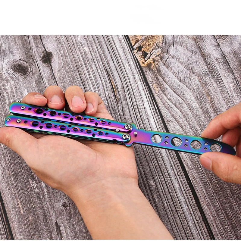 1pc Coltelli a farfalla Principiante Principiante Pratica Coltello di scarico Manutenzione Pila rotta gratuita All'aperto Lama non tagliata in acciaio