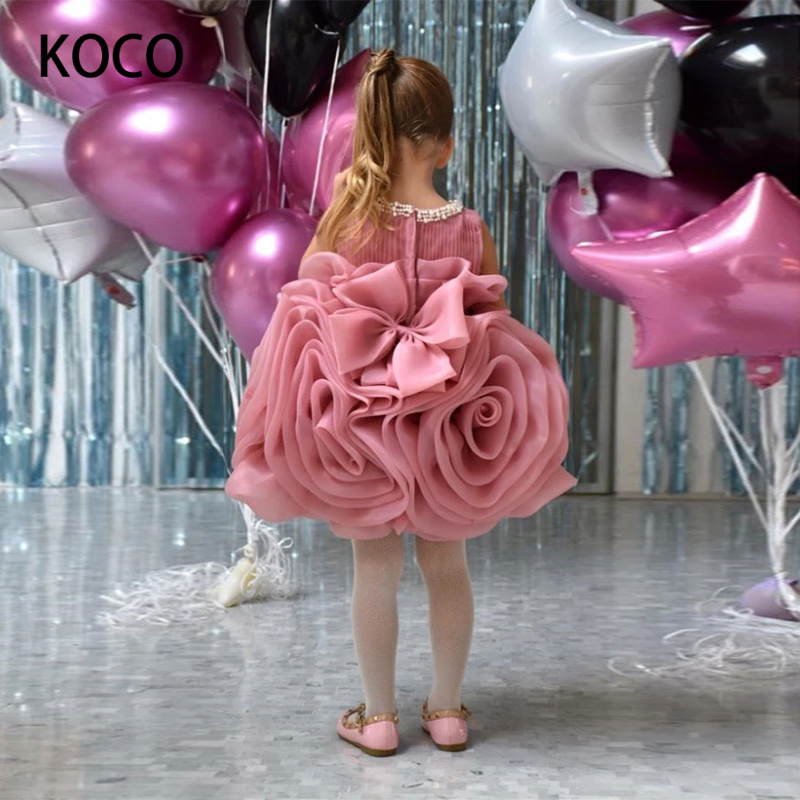 Jonany-Robe fleurie avec nœud pour fille, col rond, organza, fête d'anniversaire, première communion, princesse