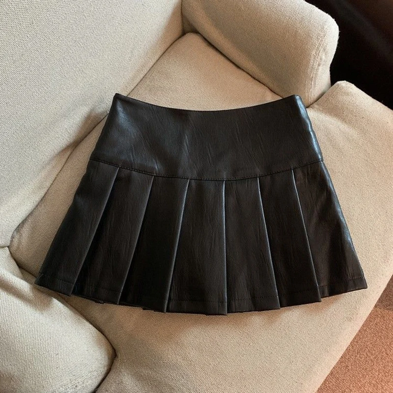 XS-3XL Y2K Pu Lederen Mini Rokken Vrouwen Streetwear Hoge Taille Plooirok Vintage Koreaanse Zwarte Slanke Casual Een Lijn Rokken