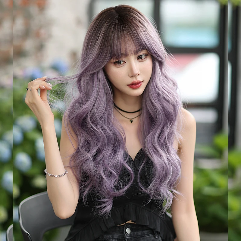 NAMM Longo Ondulado Com Franja Parte Cinza Roxo Ombre Peruca para Mulheres Festa Diária Alta Densidade Em Camadas Corpo Ondulado Perucas de Cabelo