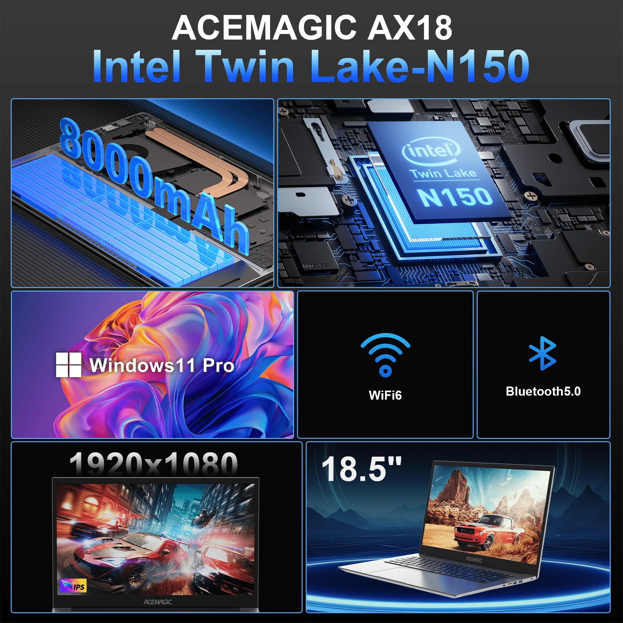 Kamrui Laptop-Computer 18,5 Zoll FHD 8000 mAh Intel N150 Quad-Core Windows 11 PRO 16 GB DDR4 RAM 512 GB SSD WiFi5 Desktop-Notebook-PC