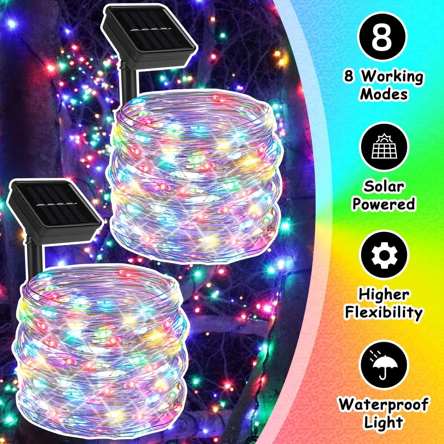 Guirnaldas de luces alimentadas por energía Solar LED, guirnalda de luces de alambre de cobre, luces de hadas impermeables, 8 modos para decoración de fiesta navideña, boda y Navidad