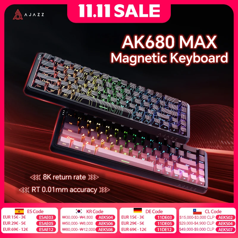 AJAZZ AK680 MAX Магнитный переключатель Механическая клавиатура 60% быстрый триггер 0,01 мм 8K/1K Возврат 68 клавиш Проводная/беспроводная игровая клавиатура