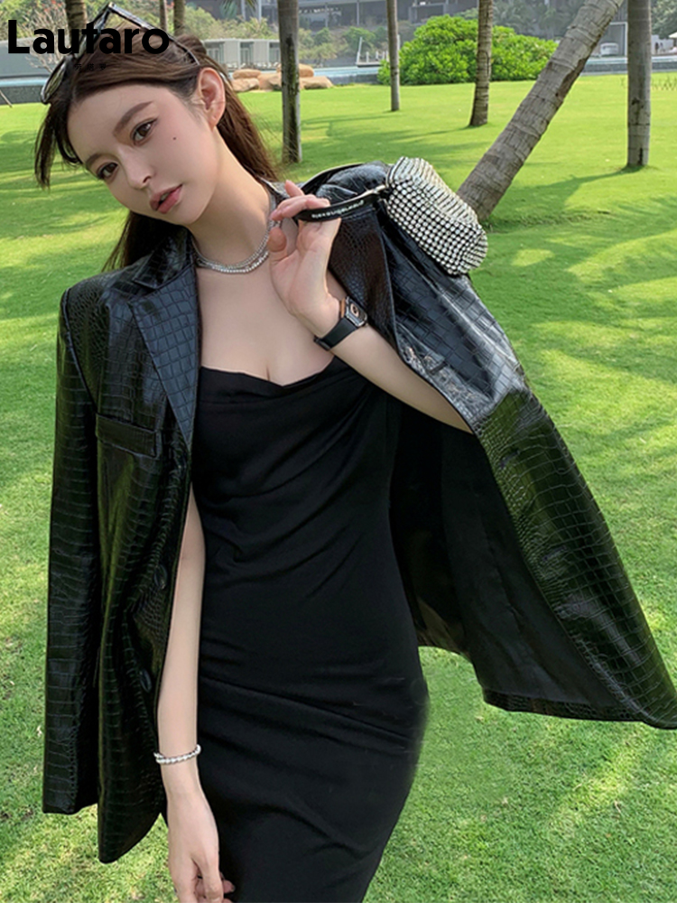 Lautaro-Damen-Blazer aus PU-Leder mit Krokodildruck, einreihige Jacke, glänzend reflektierend, Schwarz, Rosa, Frühling, Mode