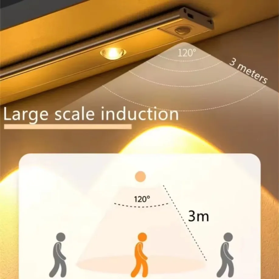 Luz LED nocturna con Sensor de movimiento regulable de 3 colores para iluminación de armario de cocina lámpara recargable por USB de 30CM/40CM/50CM/60CM