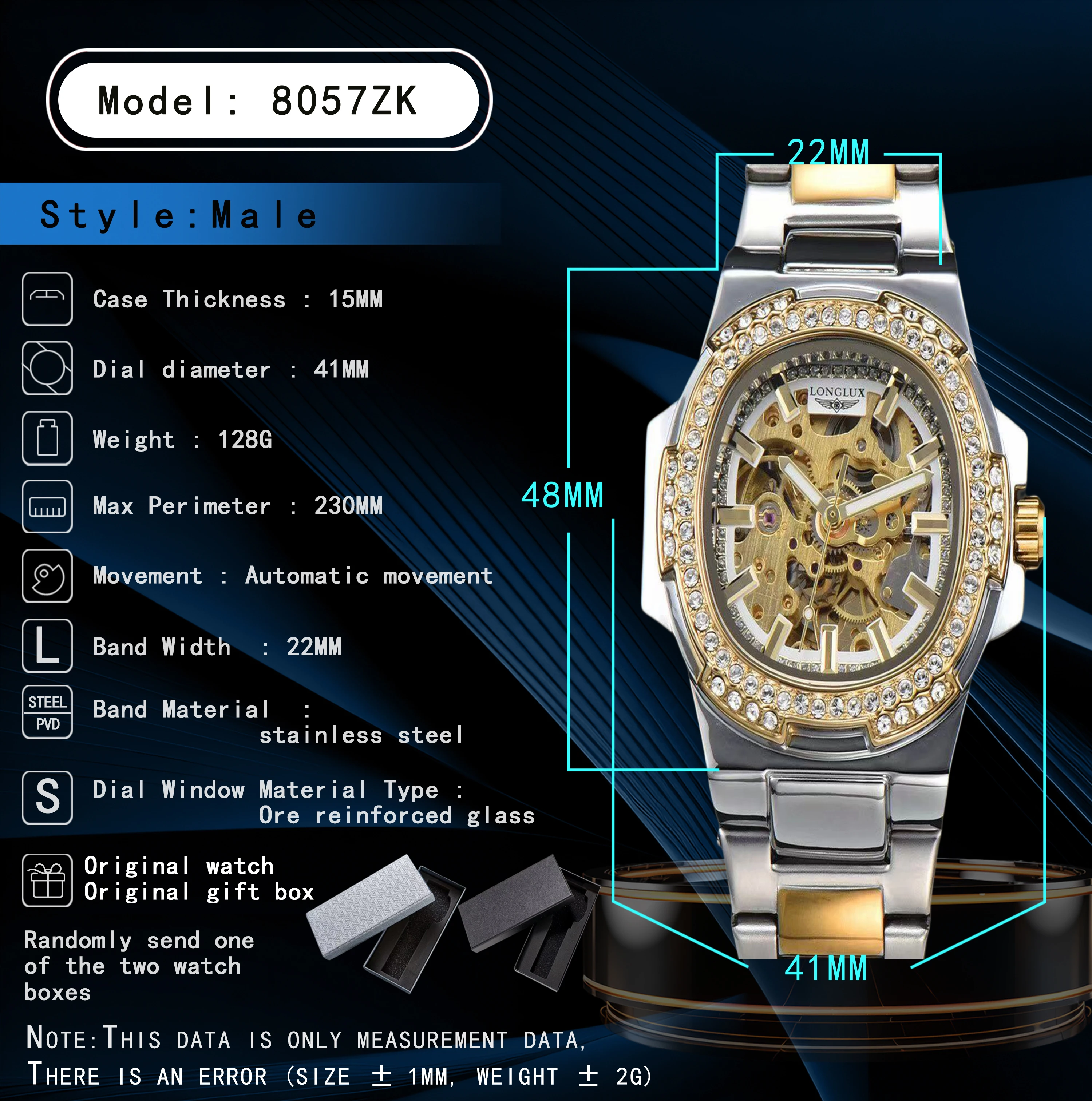 Reloj LONGLUX automático para hombre, relojes de pulsera mecánicos de lujo de acero inoxidable al por mayor, reloj esqueleto resistente al agua con diamantes, reloj para hombre