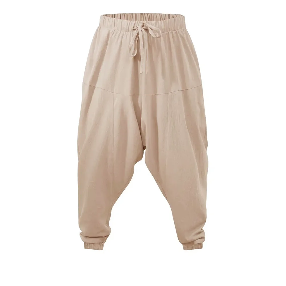 Haremshose für Herren, Baumwolle, Leinen, tiefer Schritt, gemütliche Streetwear, lockere Passform, atmungsaktiv, leicht, lange Hose, männliche Jogger