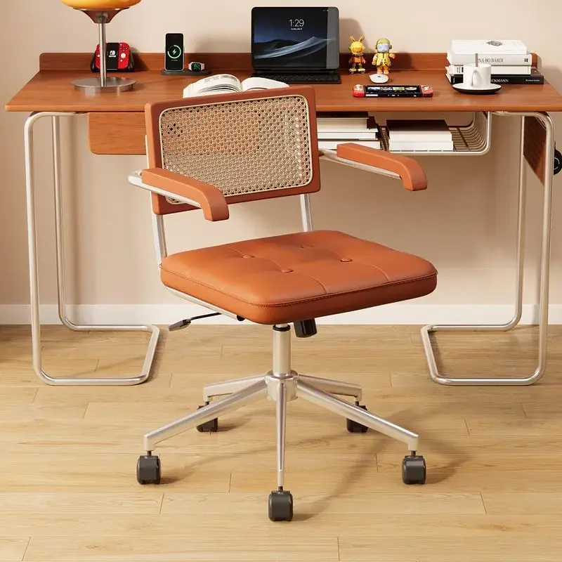 Middle Ancient Office Chair Ergonomic Armrest Desk Chair Rattan Weave Learning Computer Seat Leather Cushion Executive Chairs