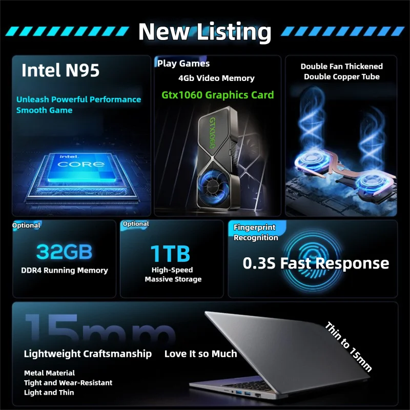 Intel N95 GTX1060 15.6 "gaming laptops draagbare notebook pc laptop Gamer Windows 11 32 GB DDR4 512G SSD Verlicht Toetsenbord