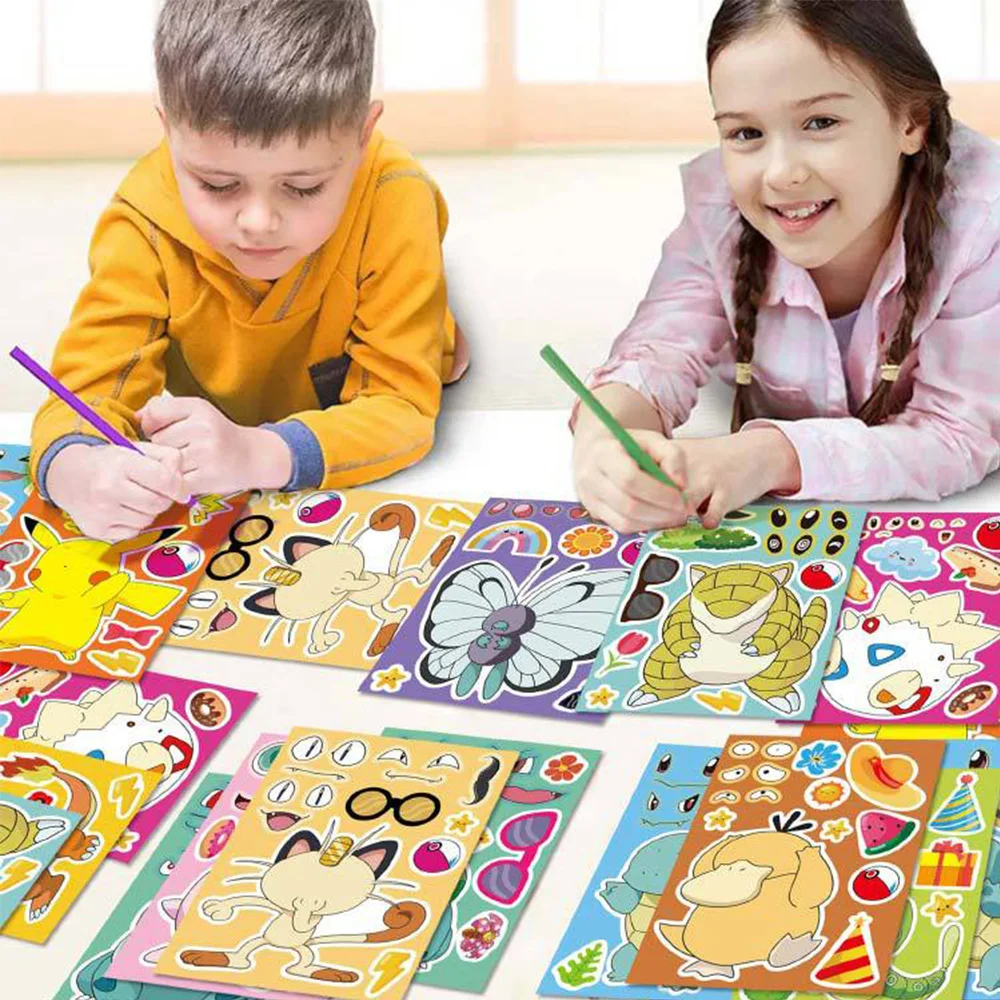 6/12 Lenzuola Pokemon Bambini Puzzle Anime Adesivi Make-a-Face Assemblare Divertente Cartoon Decal Assemblare Puzzle Per Bambini Ragazzo Giocattolo Regalo